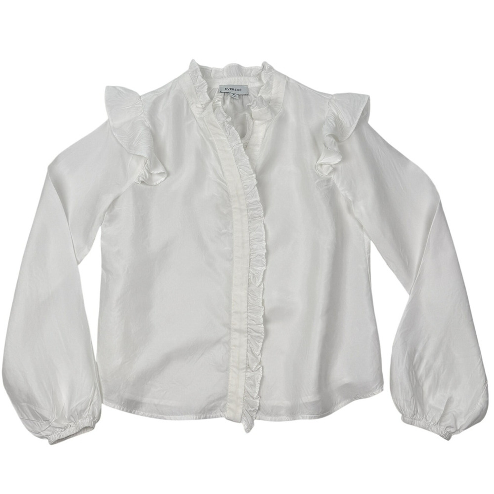 Evereve Ruffle Blouse White Cupro Blend Boho Romantic Top Women XS